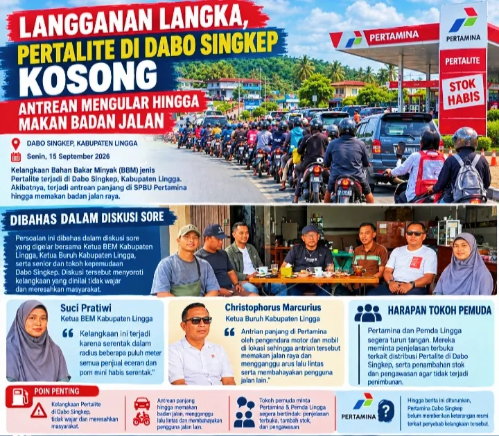 Pertalite Langka di Dabo Singkep, Antrean Kendaraan Mengular hingga Makan Badan Jalan