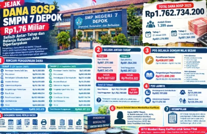 Jejak Rp1,76 Miliar Dana BOSP SMPN 7 Depok: Selisih Antar-Tahap dan Belanja Ratusan Juta Dipertanyakan 
