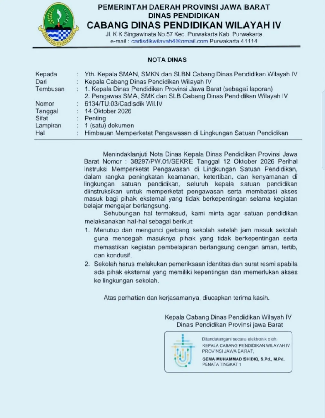 KCD Pendidikan Wilayah IV Jabar Terbitkan Instruksi Perketat Pengawasan Sekolah, Akses Pihak Luar Dibatasi