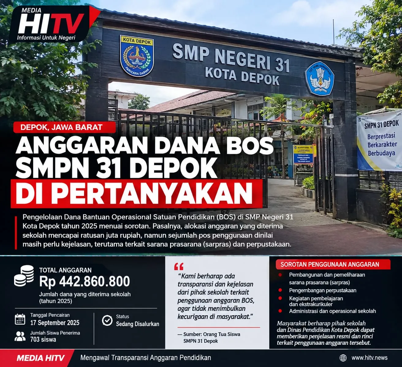 INVESTIGASI HITV: Dana BOS SMPN 31 Depok Rp902 Juta, Masih Menumpang di SMPN 6 — Listrik dan Sarpras Disebut Ditanggung Sekolah Induk