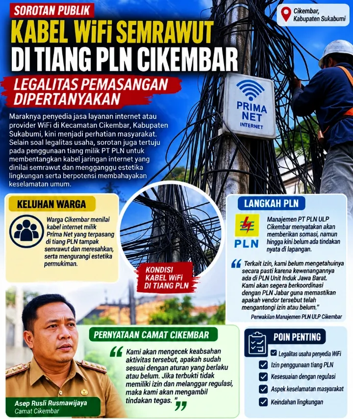 Kabel WiFi Semrawut di Tiang PLN Cikembar Disorot, Legalitas Pemasangan Dipertanyakan