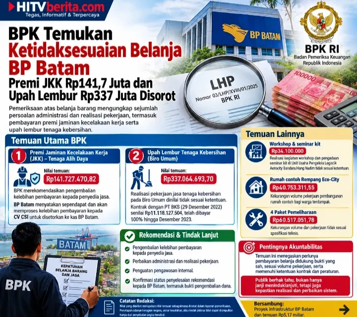 BPK Temukan Ketidaksesuaian Belanja BP Batam, Premi JKK Rp141,7 Juta dan Upah Lembur Rp337 Juta Disorot